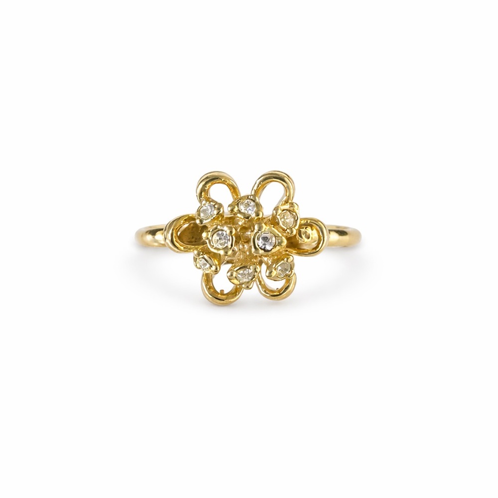 Vintage Avon Gold Tone Floral Ring with Clear Rhinestones-Size 9